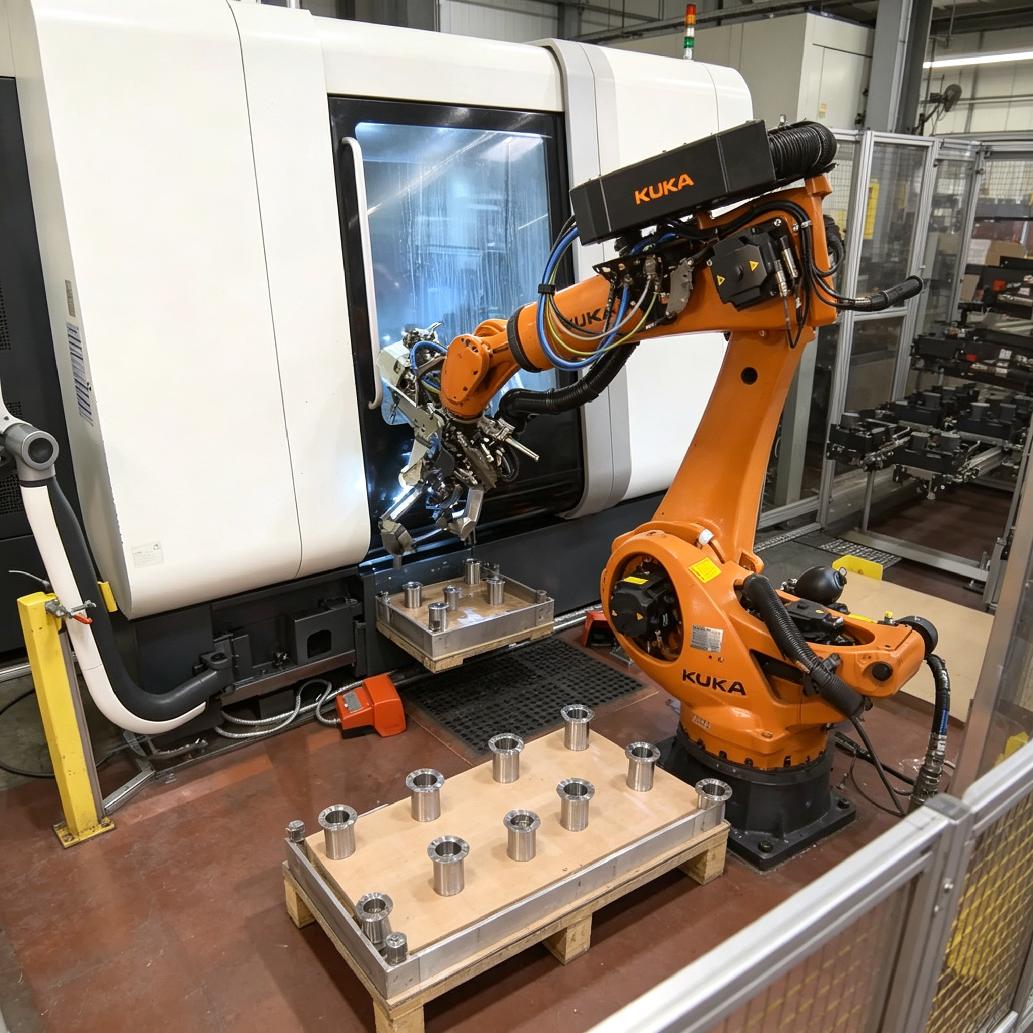 KUKAKR300 R2700-2 6Axis RoboticArm Solid Round Steel Billets Load & Unload with Pneumatic Gripper for Metal Hot Forging Industry