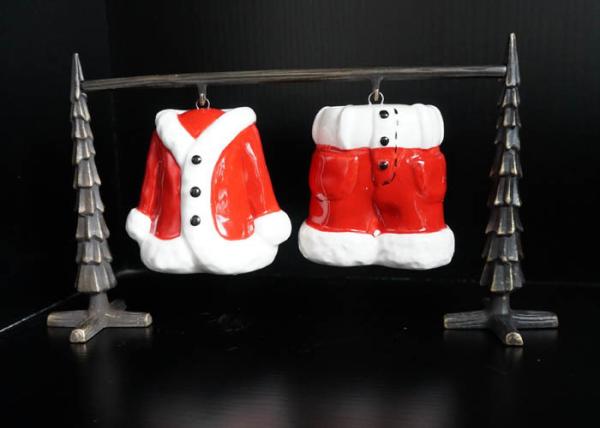 Hand Painted Ceramic Salt And Pepper Shakers Pots Christmas Santa Coat and Pant Dolomite