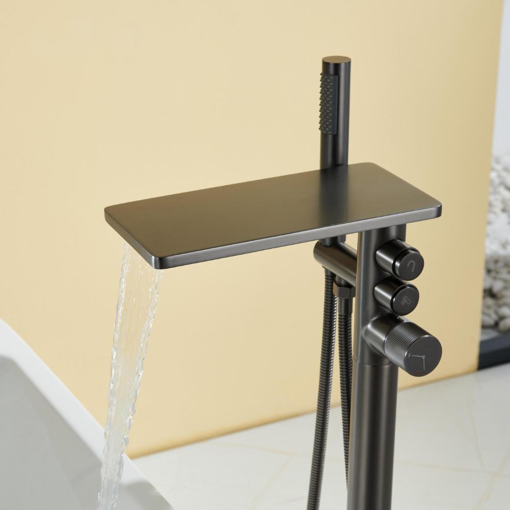 Modern Gunmetal Grey Freestanding Waterfall Bathtub Faucet with Storage Shelf & Handheld Shower bath sanitary ware