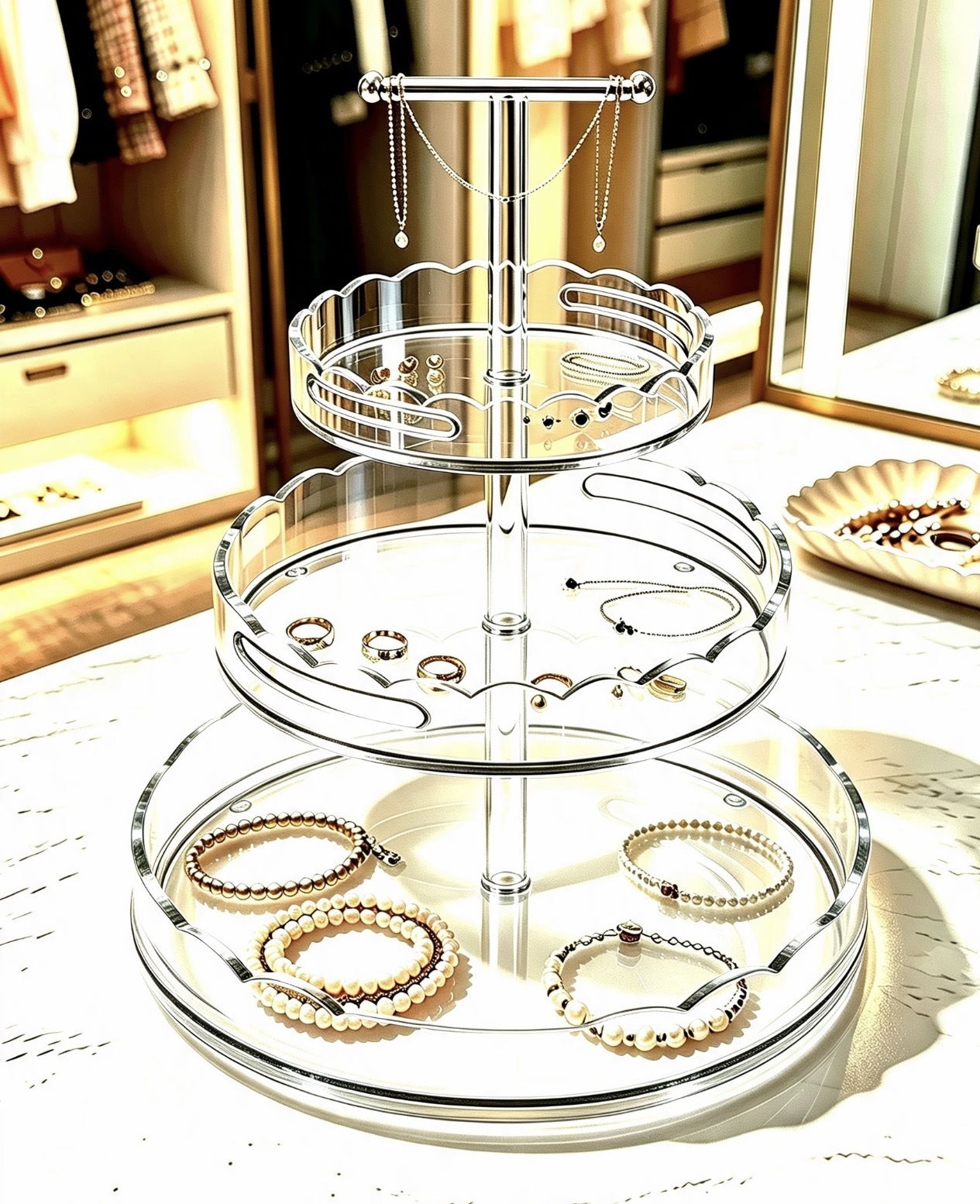 3‑Tier Acrylic Scalloped Jewelry Display Stand, Necklace Bracelet Ring Organizer with Top Hanging Rod