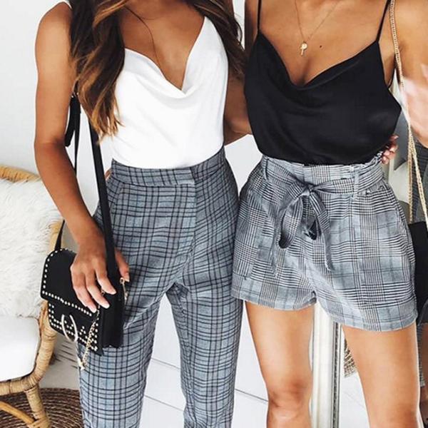 Leg Straight Ladies Plaid Elastic Waistband With Pocket Cotton Linen Shorts