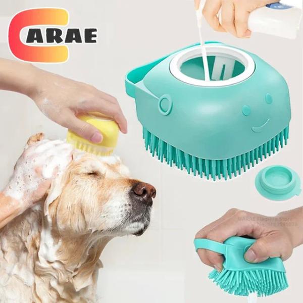2-in-1 Pet Shower Brush with Shampoo Dispenser - Soft Silicone Massage Grooming Tool for Dogs and Cats