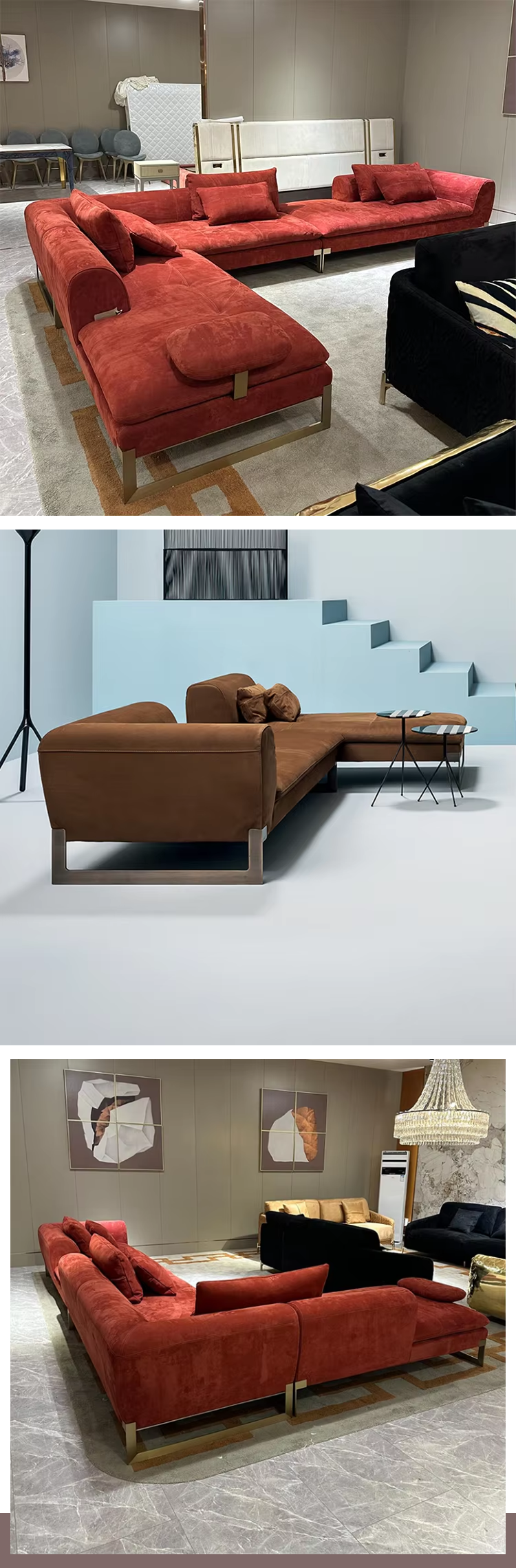 High-end Red Fabric Sofa With Metal Legs Luxury Elegant Sofa Set for Villa Apartment