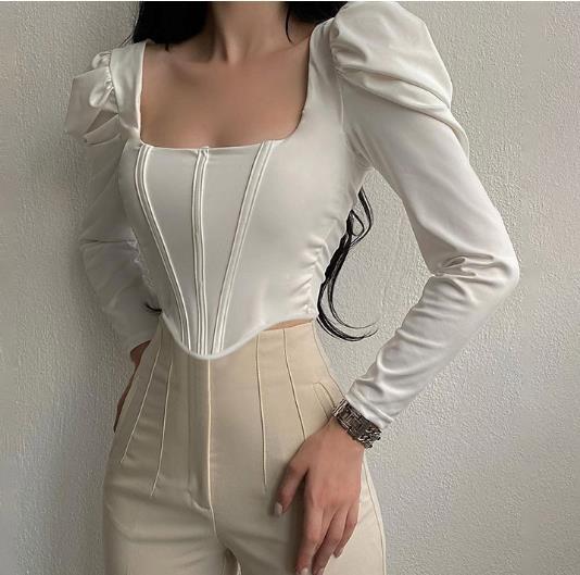 A luva de sopro longa do pescoço do quadrado do vintage dos fabricantes de roupa da ordem pequena que desossa a túnica colheu superior