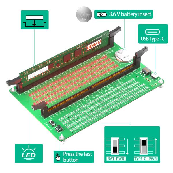 Testeur de mémoire DDR5 RDIMM/UDIMM avec verrouillage long, ordinateur de bureau Carte de test de mémoire DDR5 avec indicateurs LED pour ordinateur de bureau
