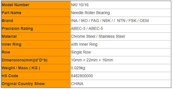 INA / IKO NKI 10/16 Miniature Needle Roller Bearings with Flange
