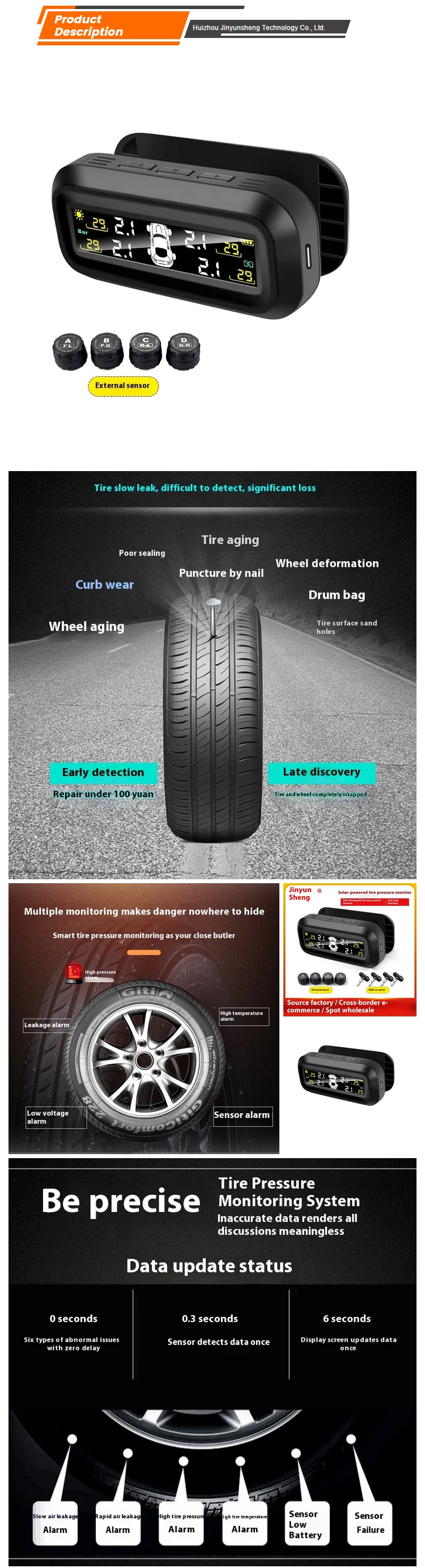 JYS Car Tire Pressure Monitor TPMS Model S12 with External Wireless Solar Sensor Universal Fit 5V New Condition Detection Device