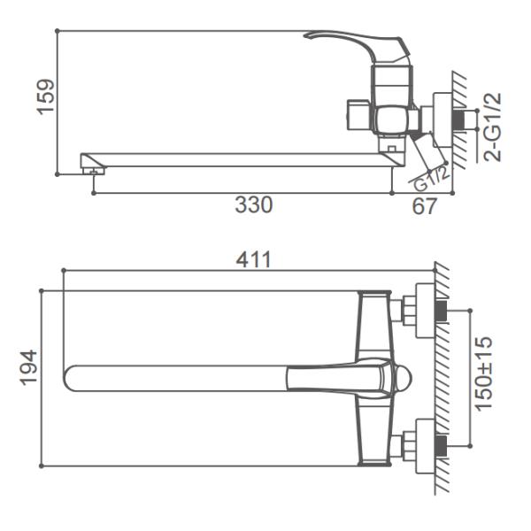 Смеситель для ванны с настенным креплением из светлого золота с антикоррозийным покрытием Удлиненный смеситель для ванны
