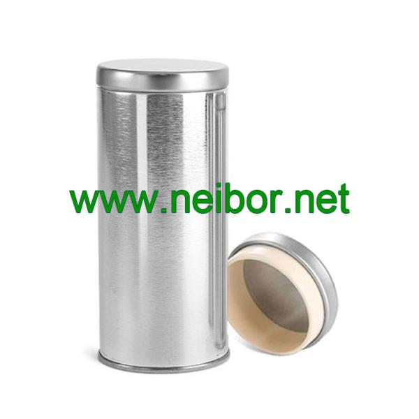 silver round tea tin container with airtight plastic seal lid