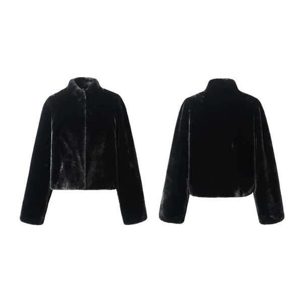 Black Fur Jacket Faux Fur Stand Up Fluffy Jacket