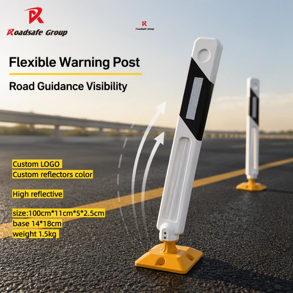 TRAFFIC Reflective Road Bollards 1000mm PVC White Bollard Yellow Base Traffic Flexible Post Warning Post Delineator