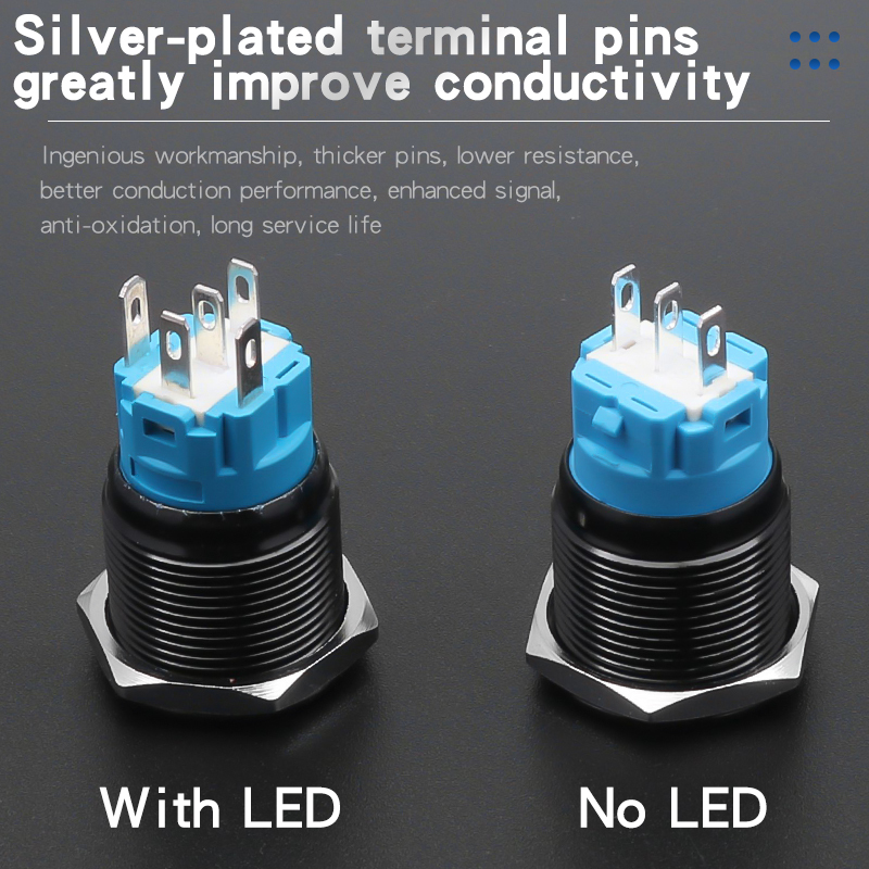 19mm Metal Push Button Switch 1NO1NC Oxidized Black Shell Waterproof Momentary Latching Button Switch High/Flat Head Ring-LED