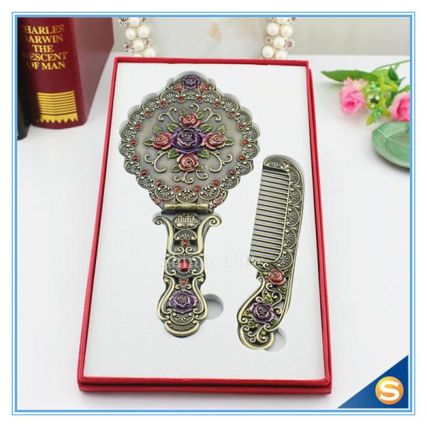 Circular Rose Design Classic Retro Makeup Mirrors One Side Ladies Handle Metal Cosmetic Mirrors
