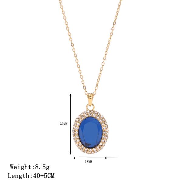 Necklaces for Women Stainless Steel with Big Blue Oval Zircon Stone and Clear Round Gems