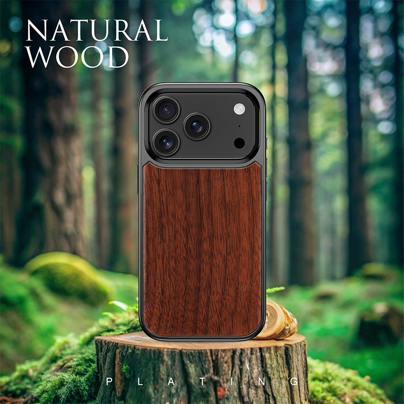 For Luxury Business Natural Wood TPU PC Magnetic Phone Case for iPhone 18/17/16 Pro Max with Camera Lens Bracket