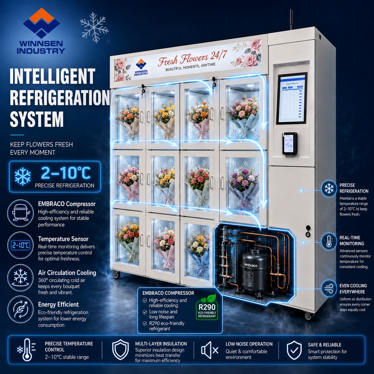 Refrigerated Fresh Flower Vending Machine with 15.6-inch Touchscreen and Remote Monitoring for Supermarkets