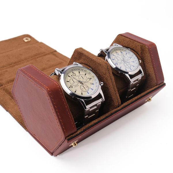 Personalized Hexagon Leather Watch Boxes Genuine Leather Watch Roll Box Two Watches
