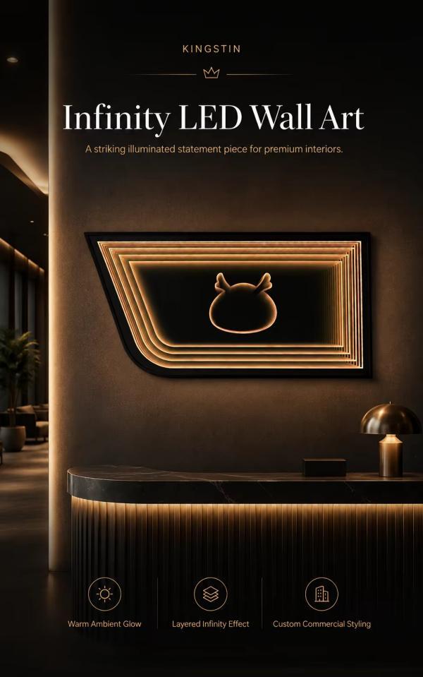 Kingstin Custom Black Metal Infinity LED Mirror Wall Art for Hotel Lobbies, Clubs & Lounges, 8+ Years OEM Project Support