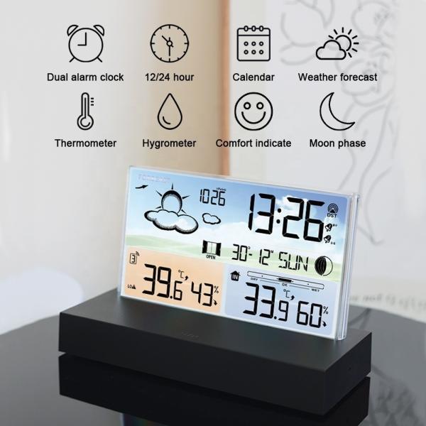 Multi Functional Electronic Weather Forecast Alarm Clock Desktop Transparent Glass Color Screen RF Wireless
