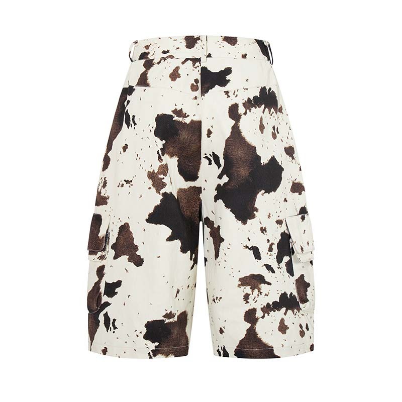 100% Cotton Cow Print Shorts Non Stretch Vintage Cargo Shorts Apricot Retro Multi Pocket