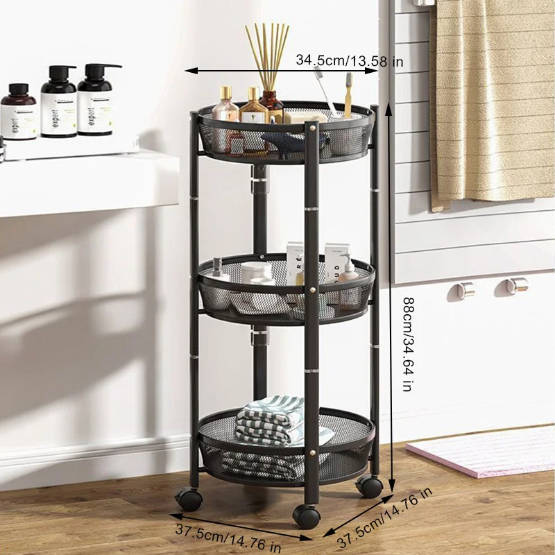 Black and White Floor-standing Round Storage Rack 3-layer Fruit Vegetable Basket Snack with No Installation Required