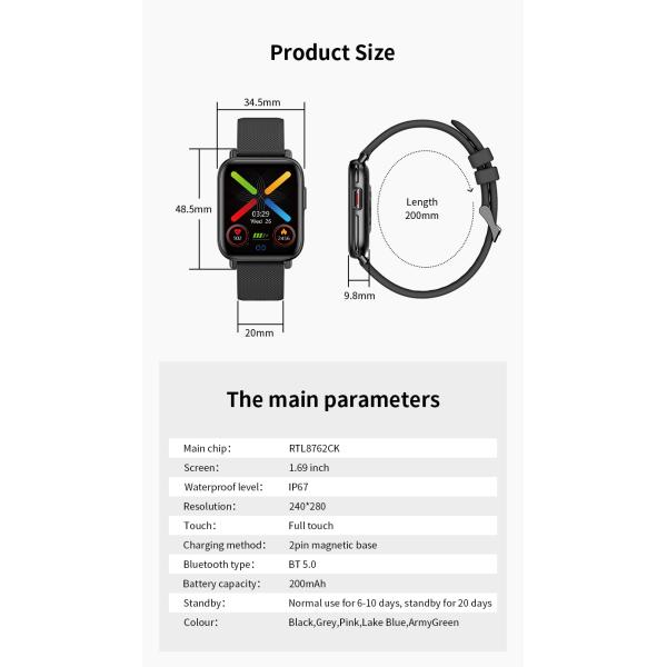 Smartwatch спорт BLE5.0 P67 водоустойчивый напоминание 1,69 дюймов сидячее