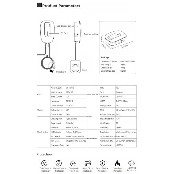 Заряжатель электротранспорта дома заряжателя 3Phase 32A FCC Wifi EV CE умный