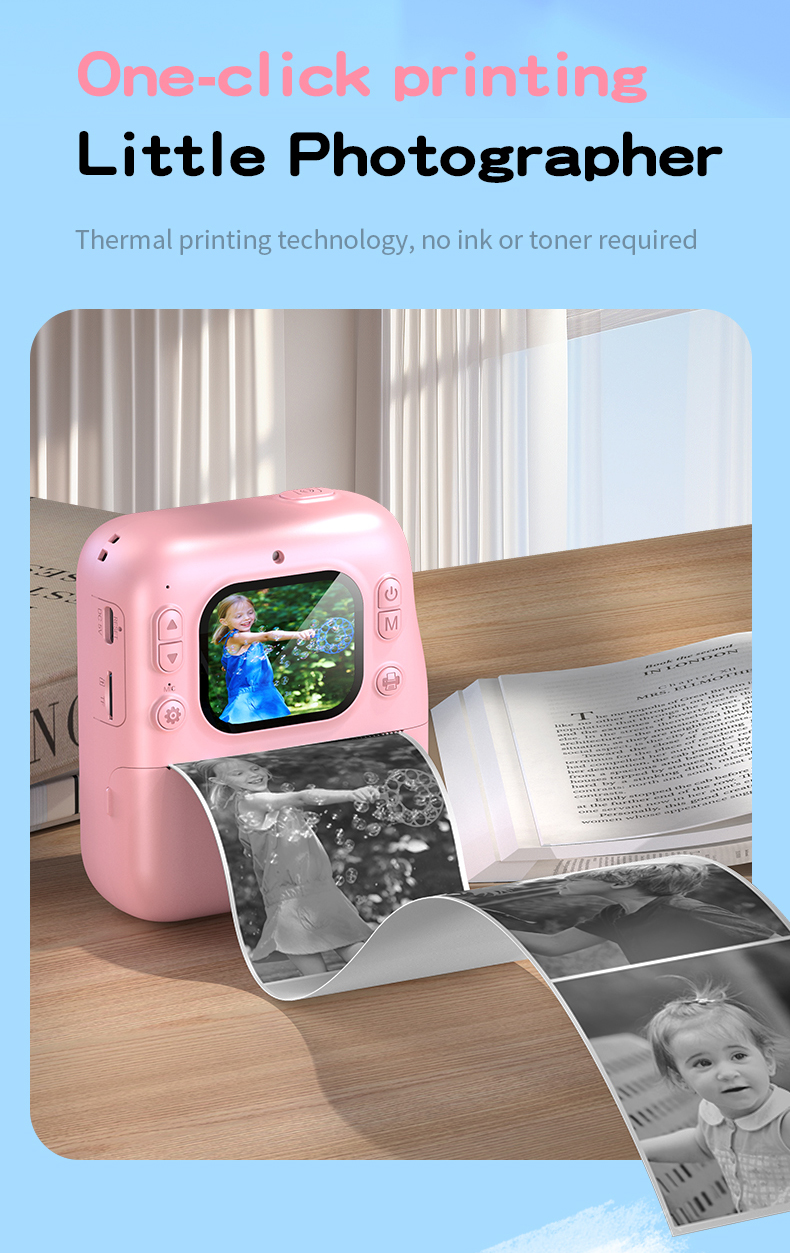 DLC Kids Instant Photo Thermal No Ink Printing Camera with LED Flash Dual Lenses2.0 Inch IPS Eye-Protect Screen 1080P Video