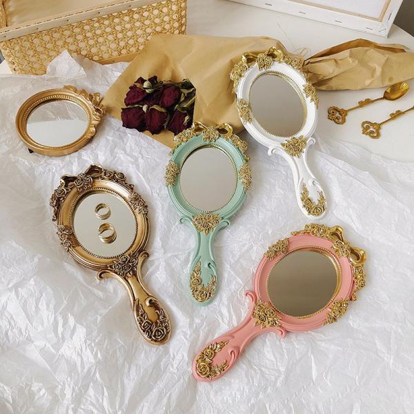Functional Wood Glass Vintage Handheld Makeup Mirrors Portable Retro Mirror for Girls