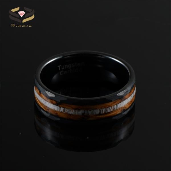 8mm Hammered Whiskey Barrel Wood and Deer Antler Inlay Black Tungsten Rings Children's Wedding Bands Gender Children's