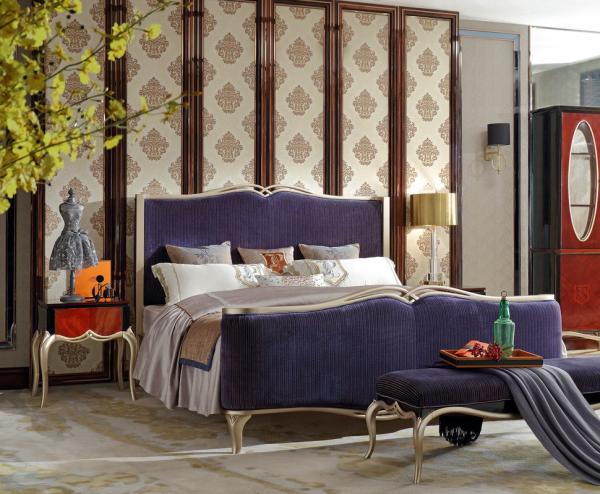 New Classic design of Luxury house furniture Fabric Queen size Bed by Golden painting Headboard with Special tables