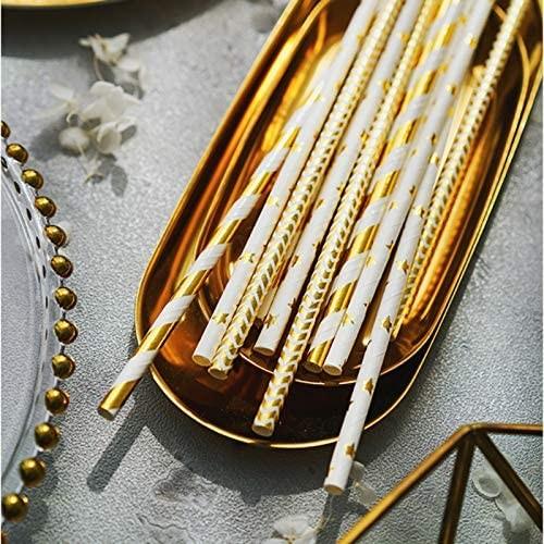 7.75 Inches Biodegradable Gold Striped Star Wave Heart Paper Straws