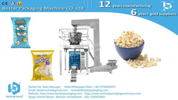 Popcorn 30g sachet weighing packing machine with product elevator and Inflation device BSTV-160A