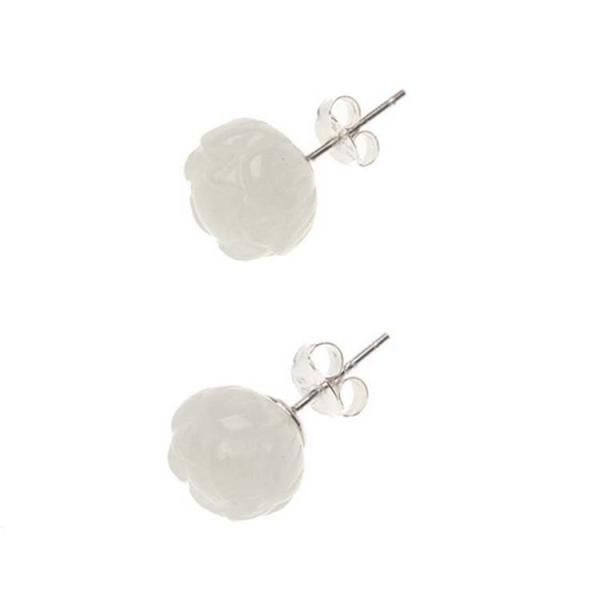 Sterling Silver 925 Natural Jade Engraved Flowers Stud Earring (TRS30897)