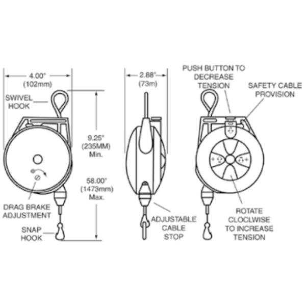 Spring Retractable Tool Balancer Hose Reel 6 Feet Length 1.5 - 3.0 Lbs Reducing Operator Fatigue