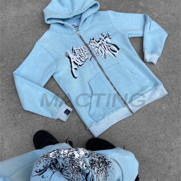 Customized Streetwear Zipper Zip Up Hoodies and Flared Sweatpants Set in Vintage Style
