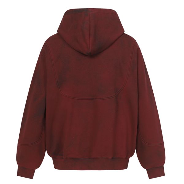 Winter Knitted Red/Burgundy/Black Vintage Washed Unisex Oversized Zipper-Up Hoodie with 3D Pattern Pocket-Windproof Breathable