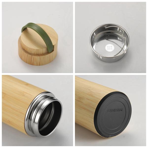 500ml Eco-friendly Bamboo Shell Stainless Steel Tea Bottle with Handle Easy to Carry