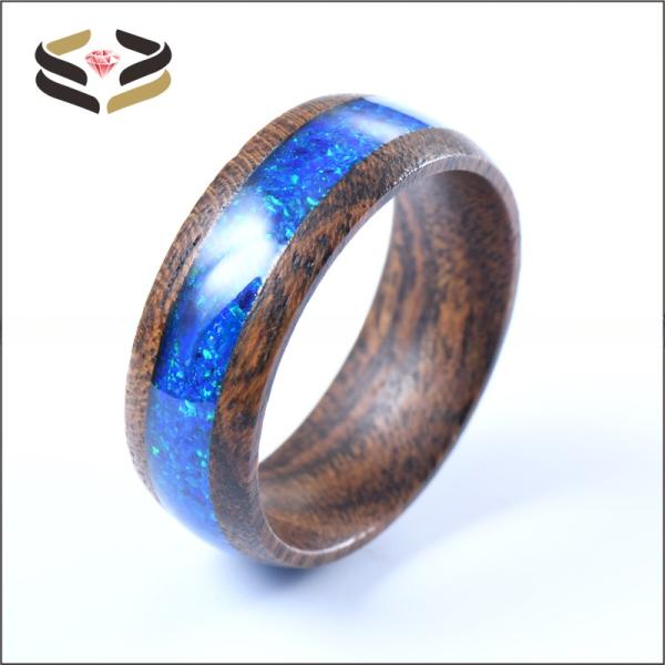Anillos de madera de ébano dorado tipo perla de 8 mm con incrustaciones de ópalo azul