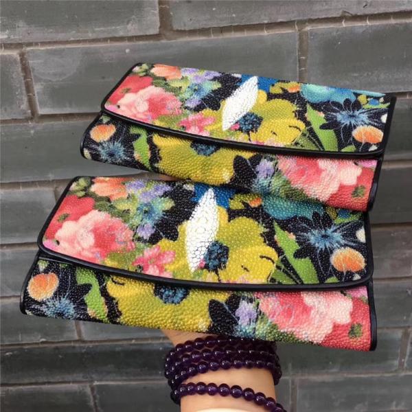 Authentic Stingray Skin Female Long  Flower Trifold Wallet Genuine Leather Lady Large Clutch Bag Women Floral Coin Purse