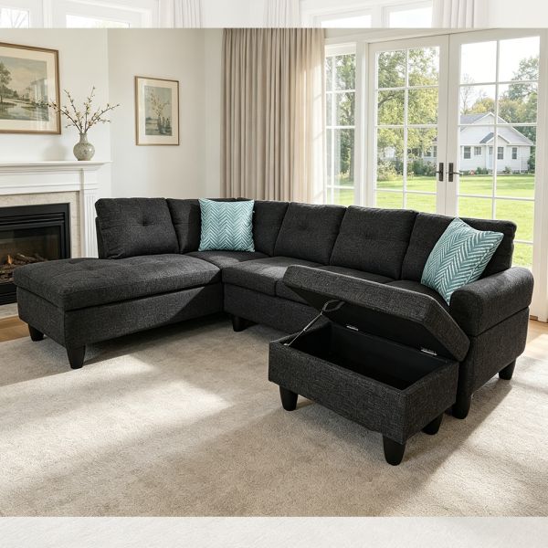 L-Shaped Sectional Sofa with Dropdown Table and 2 Pillows, Ottoman with storage, Black Fabric