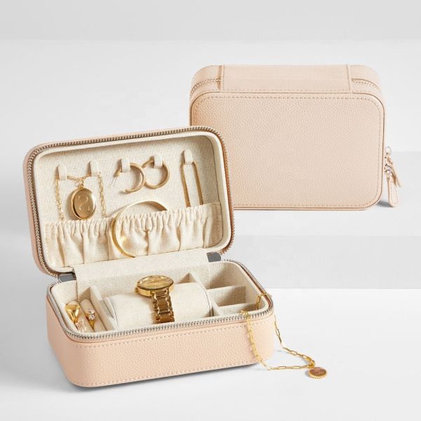 Portable Zipper Leather Jewelry Boxes Handmade Velvet Necklace Ring Jewellery Storage Case