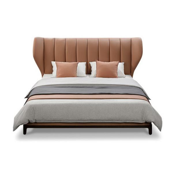 Light Luxury King Bed by Real leather upholstery headboard in Special design for High end House and Hotel guestroom