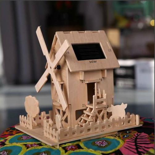 Promotion 3D Wooden Puzzle Solar Toy Powered Solar DIY Wooden Toy House Model Wood Craft Assembly