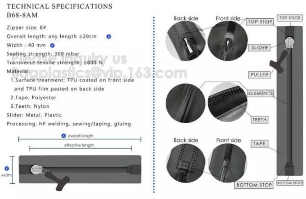 Water-Resistant Zipper, TPU Gastight Waterproof Zippers, Metal, Nylon, Stopper, Puller, Eyelet