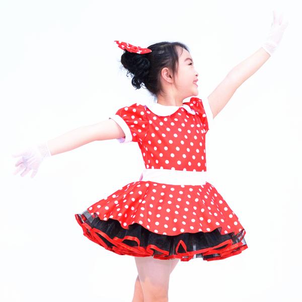 Short Bobble Sleeves Red Hem Polka Dots Tutu Dress Kids Dance Clothes