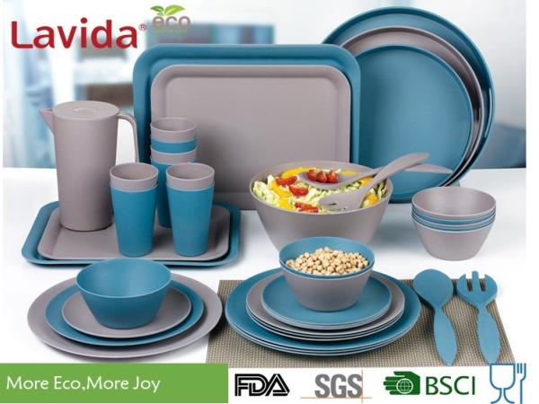 Blue And Gray Bamboo Fiber Dinnerware , Natural Plant Fibre Printed Bamboo Dinner Set