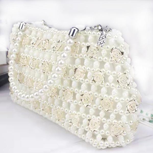 White 6mm Pearl Clutch Handbag Hand Woven Gold Rose shape OEM ODM