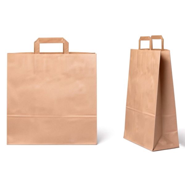 Eco friendly recyclable kraft paper flat handle bag designed for grocery shopping food takeaway and sustainable packaging