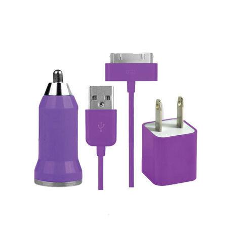 USB AC Wall Charger and Car Charger+Data Cable for Apple iPod Touch iPhone4 4S 4G Purple